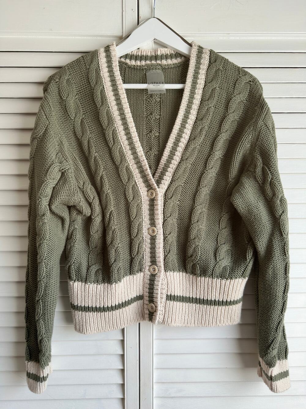 L*Space Hampton Cardigan Sweater Green Cable Knit Varsity Cropped NWOT Size S